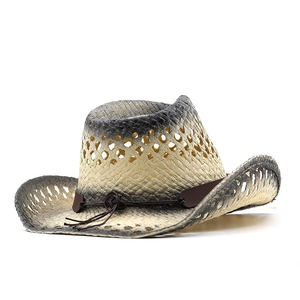 Western straw cowboy hat with gradient dye, leather band, and hollow-out breathable brim