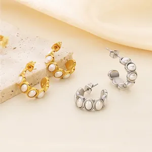 18K Gold Plated Stainless Steel C Shaped Hoop Earrings With Shell Artificial Pearl Inlay Minimalist Elegant Jewelry For Women