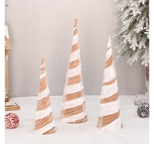 Detailed view of beige striped velvet cone Christmas tree decor set with fabric texture