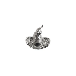 Detail of silver wizard hat brooch with woven texture and square black bead decoration