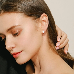 Elegant s925 silver cross stud earring with white opal and small zircon for women