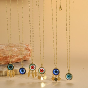 Golden Evil Eye necklaces with colorful zircon heart and feather pendants for women