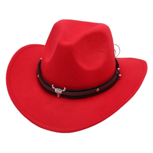 Red wool felt western cowboy hat with silver bull head ornament and black decorative band