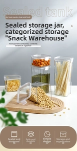 Detail of various sizes of airtight storage jars with clear bodies and white lids