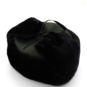 Thickened Russian Ushanka winter hat with dark green fabric and black faux fur earflaps