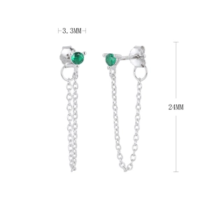 Macro detail of S925 silver chain earring with green stone and size measurements