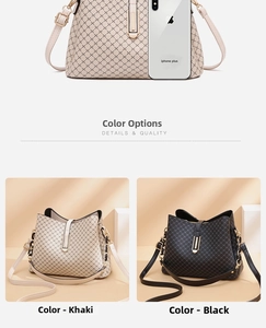 Detailed comparison of khaki and black quilted bucket bags with gold chain straps