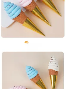Detail showing artificial waffle cone ice cream with realistic colorful swirls and gold foil