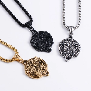 Three Viking style hollow round pendants in gold, silver, and black 304 stainless steel