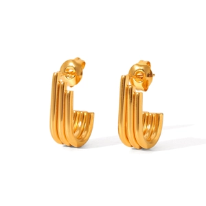 Three-row 18K gold plated stainless steel C-shaped geometric hoop earrings for women