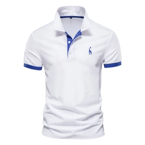 White men's piqué cotton polo shirt with blue deer embroidery and contrast trim