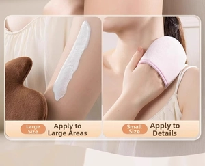 Detailed view of large brown tanning mitt for body and small pink glove for neck application