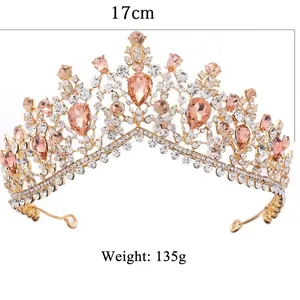 Golden bridal crown with sparkling champagne crystals and diamonds, 17cm width and 135g weight