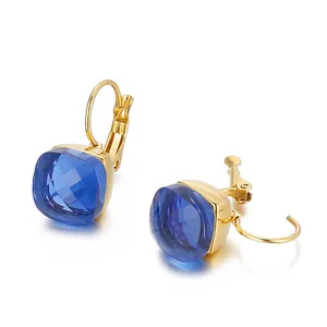 Square Faceted Crystal Glass Leverback Earrings With Stainless Steel Earring Post Fashion Jewelry Women Dangle