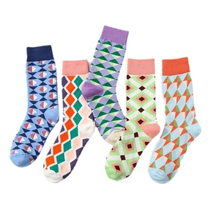 Five pairs of British style plaid knit mid-calf socks in vibrant assorted colors