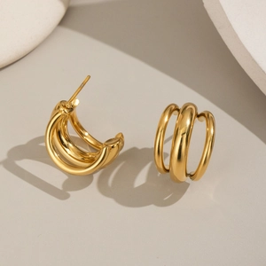 Boucles d'oreilles créoles multicouches géométriques en or 18K avec acier inoxydable poli