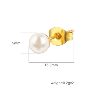 Gold stainless steel stud earring with 5mm white pearl and size dimensions shown