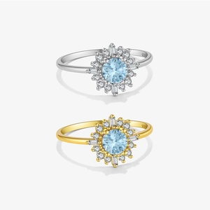 Bague en Argent Sterling S925 Zirconia Bleu Design Géométrique Floral Tournesol Bijoux de Doigt Incrustés Électroplaqués Femme Bijoux