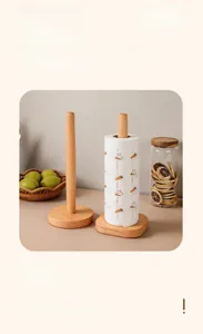 Detailed view of natural beech wood kitchen roll holder with smooth round base and grain