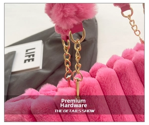 Close-up of pink faux fur tote showing ribbed texture and gold metal chain hardware
