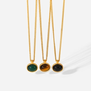 French vintage 18K gold plated oval natural stone pendant necklaces in three colors