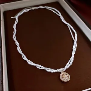 Collana A Doppio Strato Vintage Rame Con Zircone E Imitazione Perla Artificial Medaglione Stella A Otto Punte Per Donna