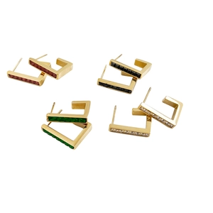 Set of four geometric gold square earrings with red black green and clear zircons