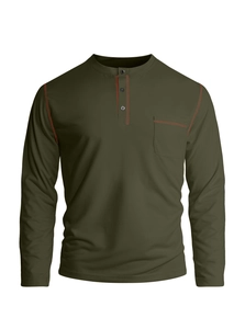 Close-up of military green long sleeve Henley shirt with red contrast stitching and chest pocket