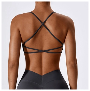 Close-up of deep gray sports set featuring cross-back bra and high-waist V-cut leggings