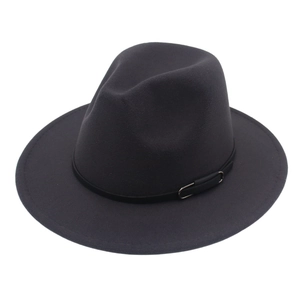 Detail of dark gray wool fedora featuring a black leather band and metal buckle accent