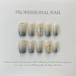 Blue and white gradient coffin press-on nails with glitter, gold foil and rhinestones
