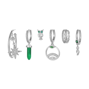 Detailed set of six S925 silver earrings featuring star charms and green gemstones