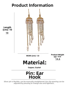 Detail showing dimensions of long crystal tassel earrings with measurements and weight