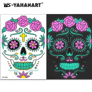 Luminous Day of the Dead face tattoo stickers with sugar skull and neon glow effect