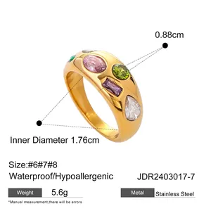 18k gold plated stainless steel ring with colorful zircon stones and dimensions