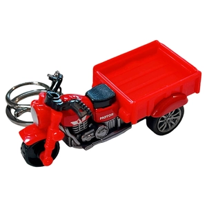 Red tricycle model toy keychain, miniature freight transport vehicle design.