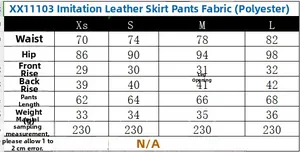 Size chart for PU leather mini shorts skirt with waist and hip measurements in cm