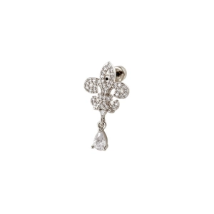 French style silver iris earrings with pavé zircons and a pear-shaped drop pendant