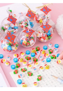 Detailed view of Christmas crystal ball erasers with snowman and snowflake shapes