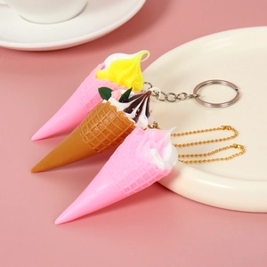 Miniature realistic ice cream cone keychain set with colorful cream and resin texture