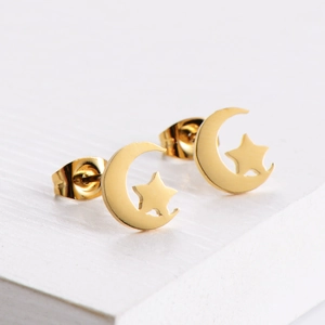 Gold plated stainless steel moon and star stud earrings set with polished finish