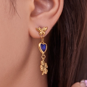 Elegant gold butterfly heart earring with blue zircon and lucky four-leaf clover pendant