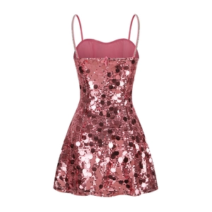 Detail view of pink sequin dress back with rhinestone straps and hidden zipper