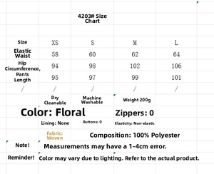 Detailed size chart for floral short sleeve shirt and trousers vacation outfit set