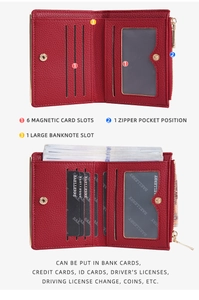 Detail view of red bifold wallet showing 6 card slots and functional compartments