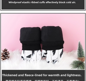 Detail of windproof elastic ribbed cuffs on thick insulated graffiti ski gloves