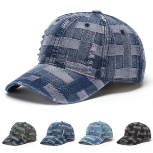 Retro Denim Woven Grid Baseball Cap Distressed Frayed Edge Streetwear Adjustable Sun Hat