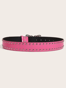 Pink punk style belt featuring double-row silver rivets and a decorative butterfly buckle