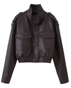Close-up of stand-up collar and utility pockets on a dark brown faux leather jacket