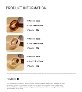 Detail view of resin rings showing amber texture and marble patterns with size specifications